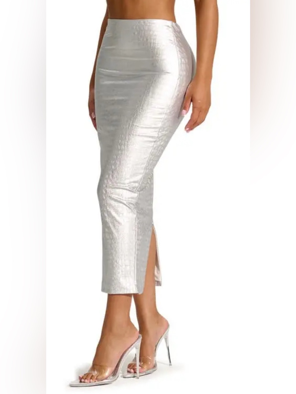 Naked Wardrobe Silver Faux Leather Crocodile Textured Pencil Midi Skirt NEW XS